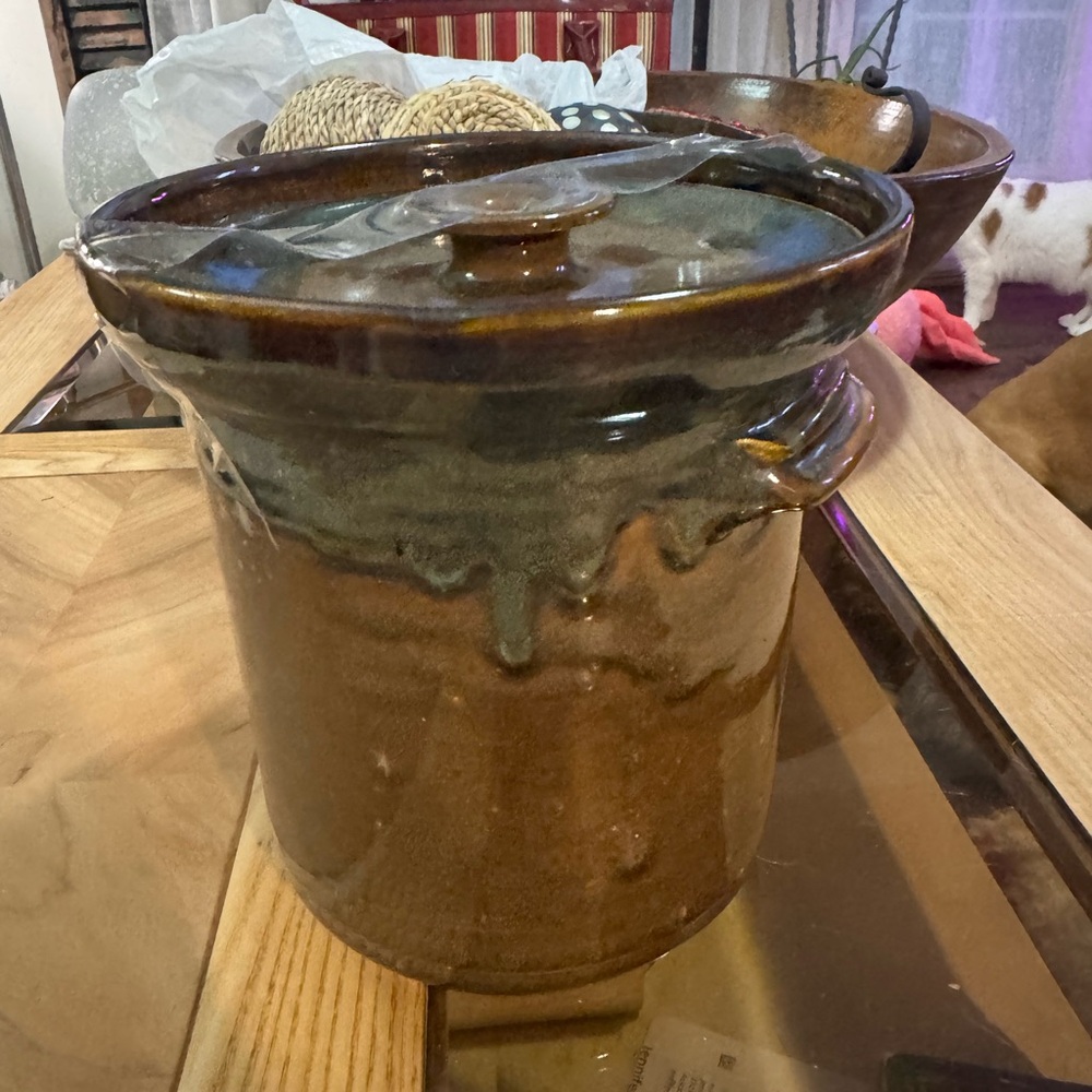 Bear signed Brown Ceramic Crock with Lid